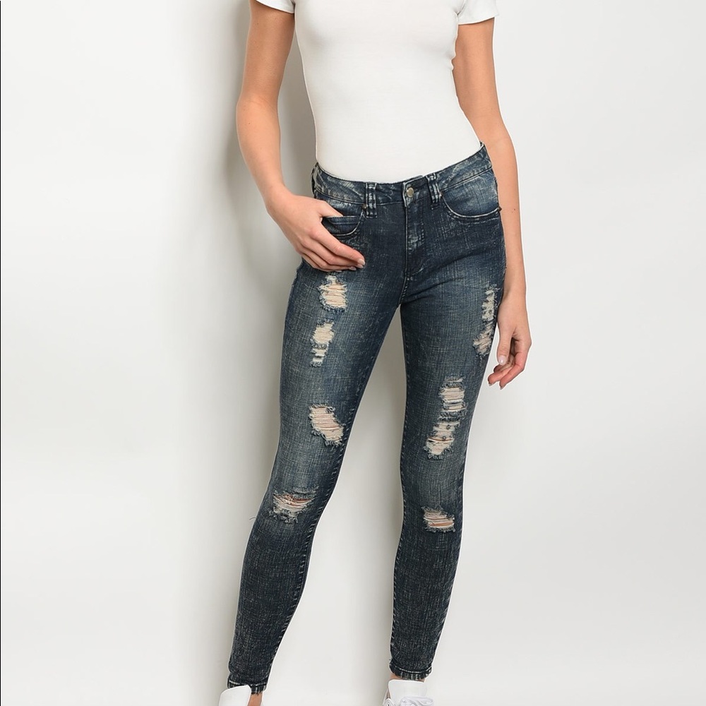 Dark Acid Wash Distressed Jeans